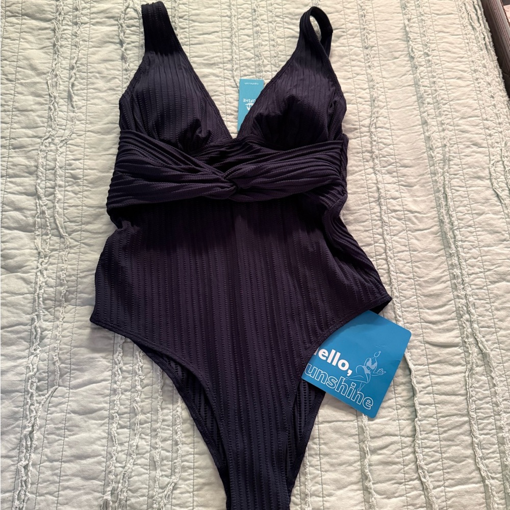 Cupshe Navy Blue Ribbed One Piece Swimsuit